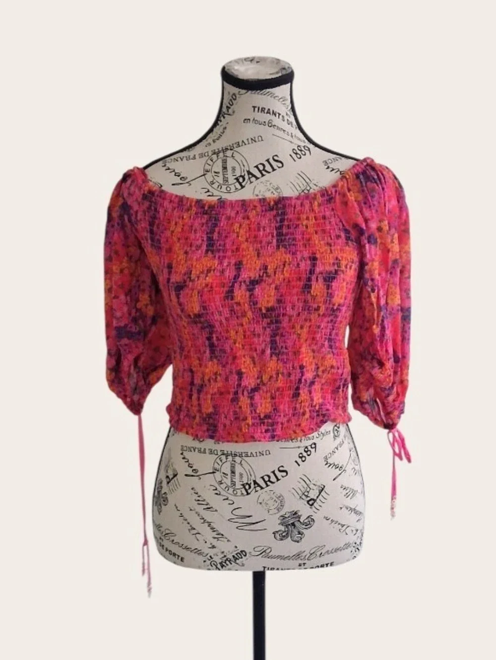 Free People Pink Multi Off-Shoulder Ruched Smocked Crop Top With Bows Large